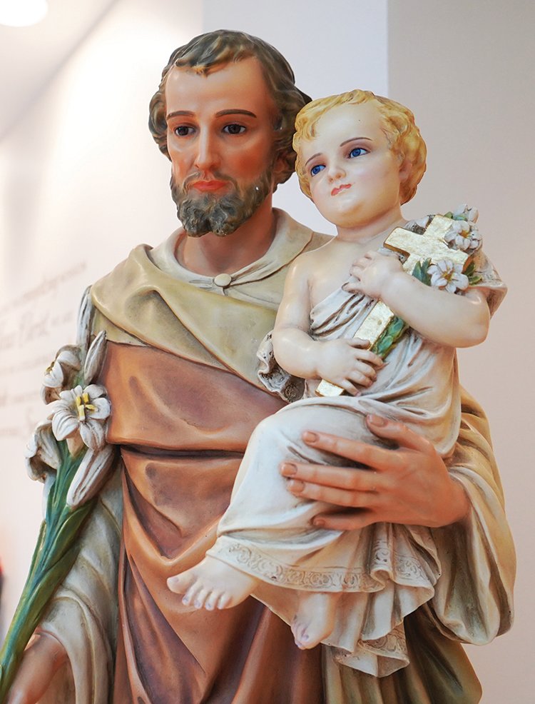 Statue of St. Joseph and the child Jesus, from the former St. Martha Church in Wayland, in the reception area of the Alphonse J. Schwartze Memorial Catholic Center in Jefferson City.